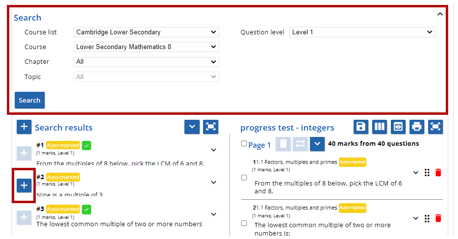 Question Selection for tests screen