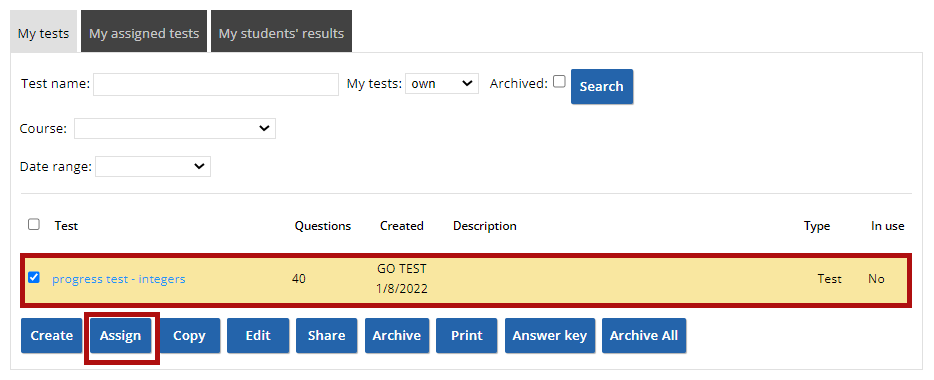 Assigning tests screen